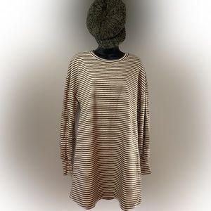 Umgee brown and cream striped fuzzy tunic style dress poof sleeve with band cuff
